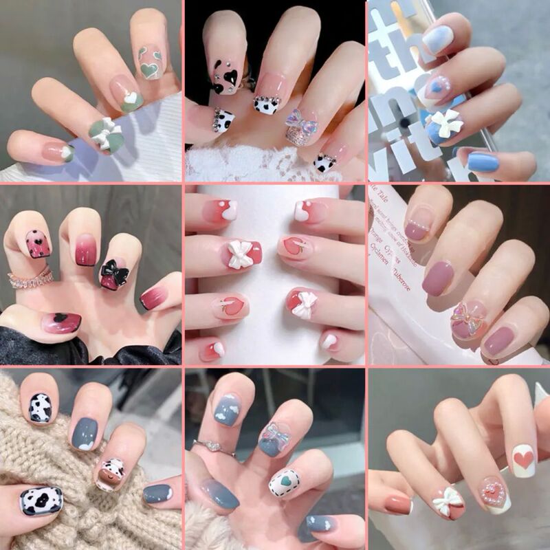 24Pcs French with Drill Short Fake Nails Press on Nail Tips