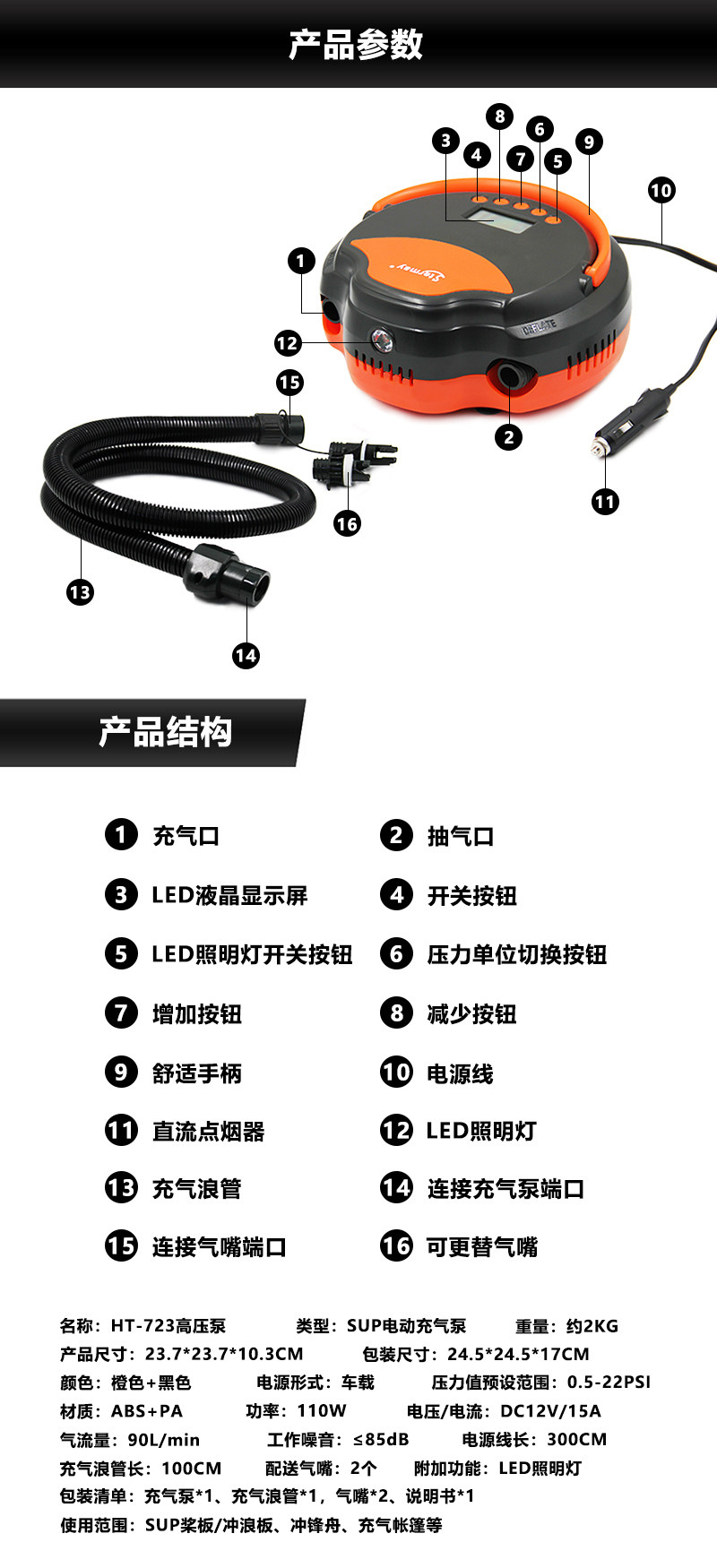 Насос 车载12v电动充气泵桨板直立板皮划艇冲锋舟橡皮艇充气船打气泵 OTHER