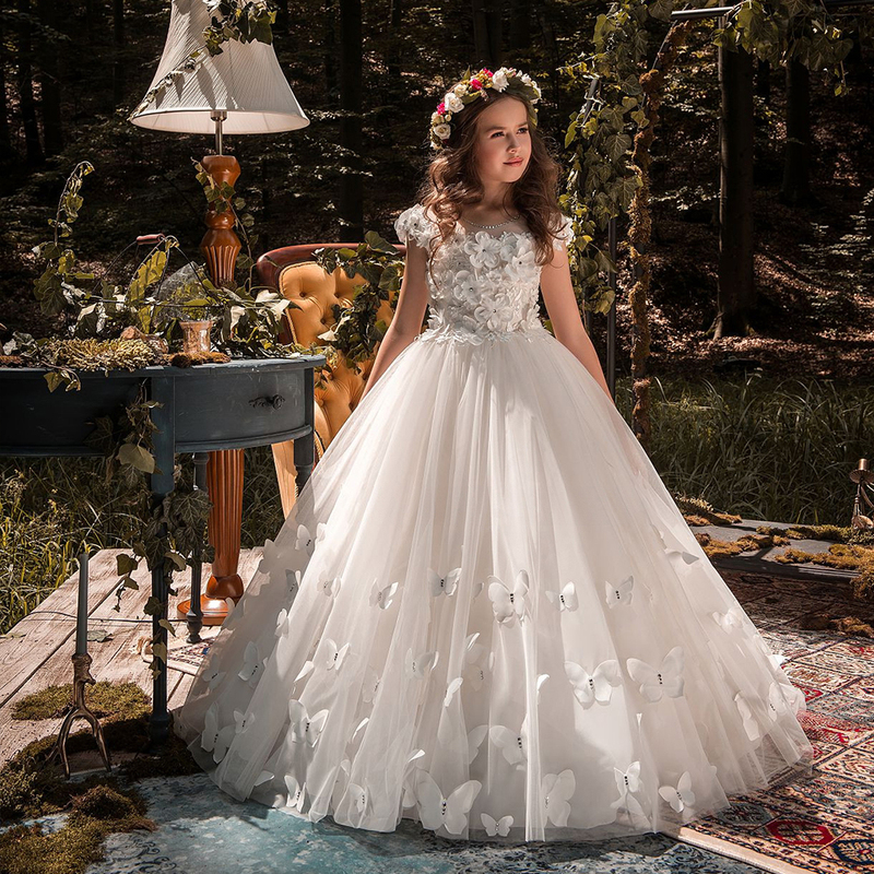 Trendy Children's Long-Trailing Gown for Girls, Piano Birthday Performance Dress, Flower Girl Model Runway Outfit, Snow White Butterfly