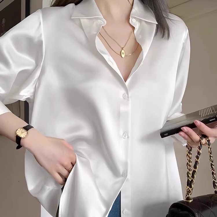 French-Style Light Luxury Satin White Shirt for Women, New Autumn Model, High-End, Loose-Fitting, Slimming, Sun-Protective Shirt with a Unique Design