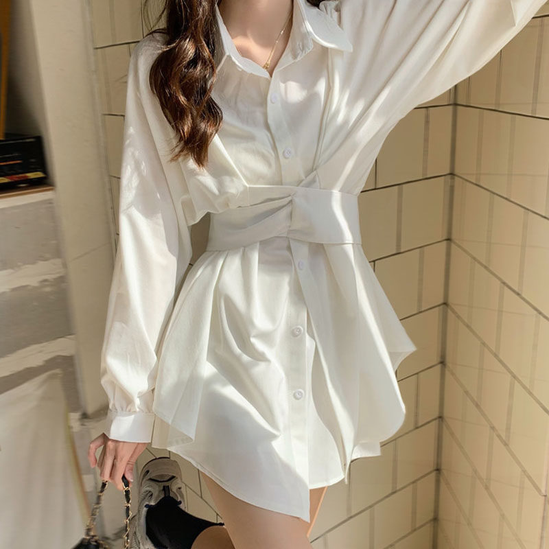 French-Style White Shirt for Women, New Spring/Summer Design, Niche Style, Waist-Cinching, Slimming, Mid-Length Shirt Dress, Trendy