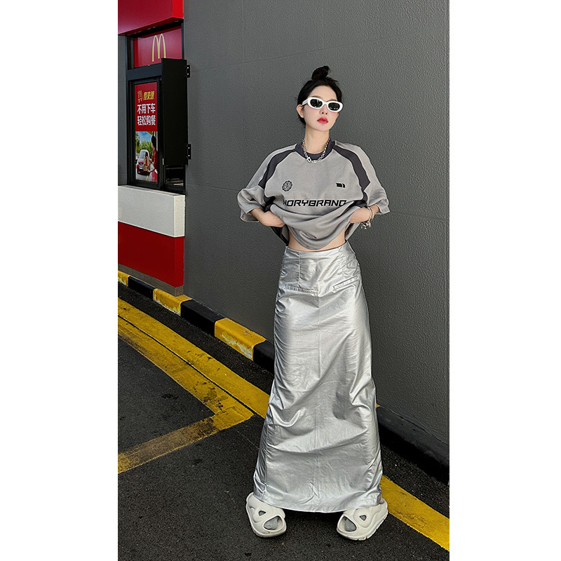 West Kowloon Spring and Autumn New Collection Loose Silver One-Step Long Skirt Simple Pu Leather Thin