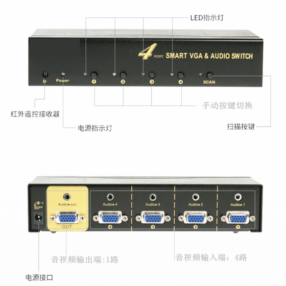 Lianhongtai HD VGA 스위처 4 in 1 out 원격 제어 오디오 4 in 1 out 3.5mm 수동 스위칭