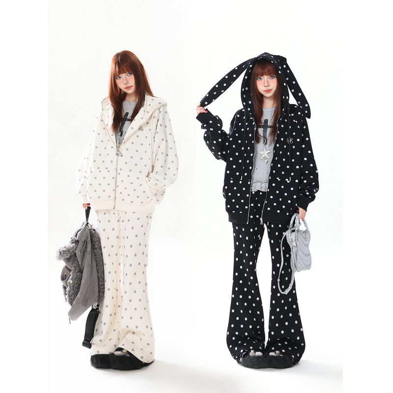 Aonw American-Style All-Over Polka Dot Bunny Ear Hooded Sweatshirt for Women and Men, Spring Loose Casual Cardigan Sweatshirt Set