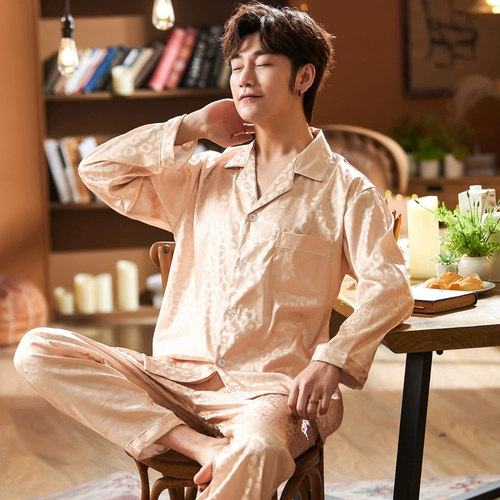 Пижама, шелковый осенний летний лонгслив, комплект, для мужчины среднего возраста, большой размер