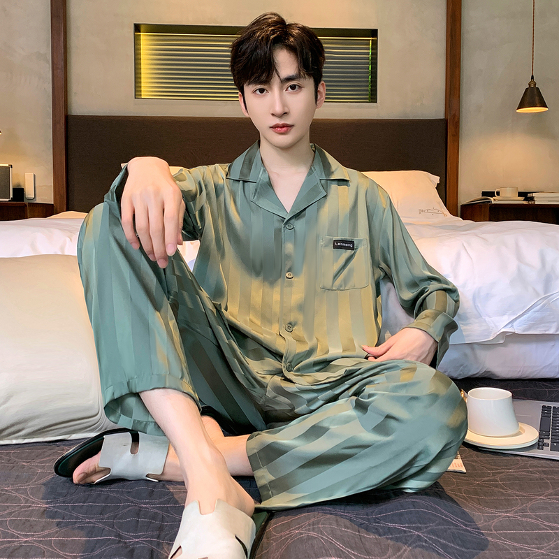 Pajamas for Men, Autum and Spring Models, Long-Sleeved, Teenagers Can Wear Outside, Ice Silk, Four-Season Style, Home Wear, Men's Thin Suit