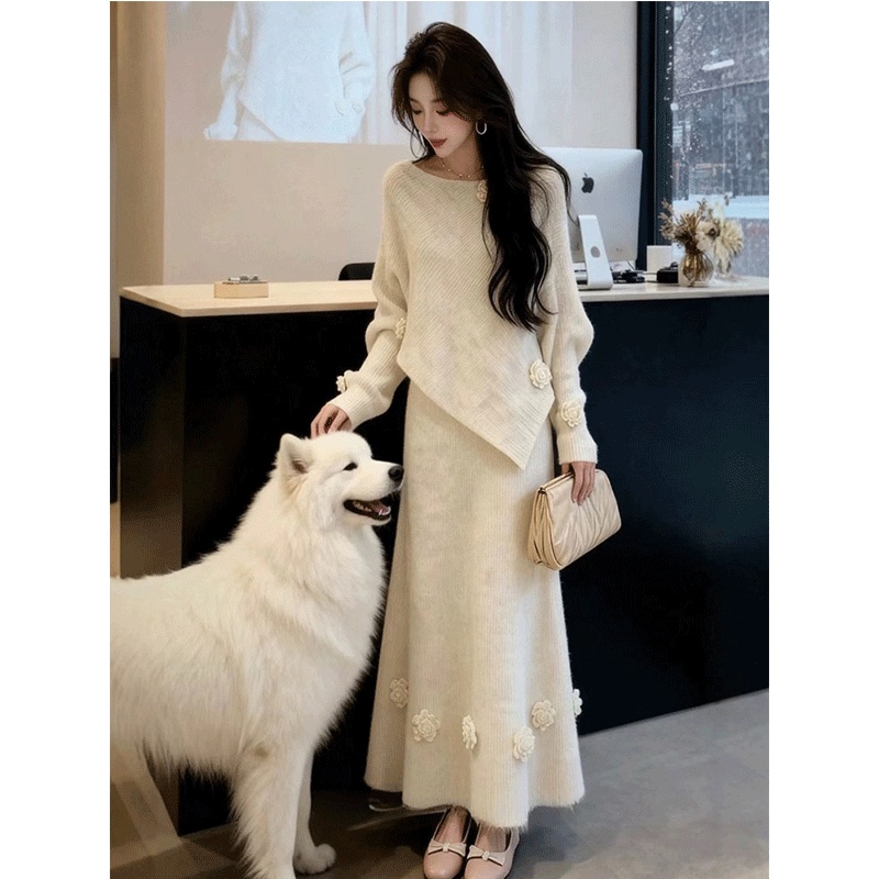 Korean Style Gentle and Fashionable Versatile Knitted Skirt Set 2026 Autumn and Winter Loose Slimming Elegant Knitted Sweater Korean Style Gentle and Fashionable Versatile Knitted Skirt Set 2026 Autumn and Winter Loose Slimming Elegant Knitted Sweater