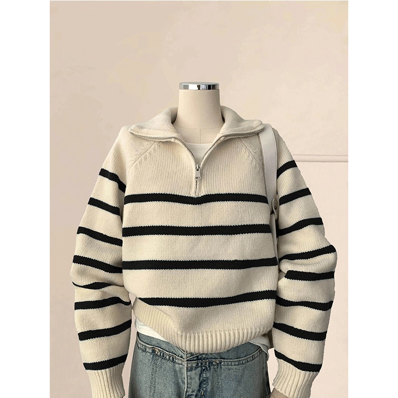 Black and White Striped Half-Zip Polo Collar Sweater for Women, Winter Knit Inner Layer Base Shirt, Thickened for Outer Wear