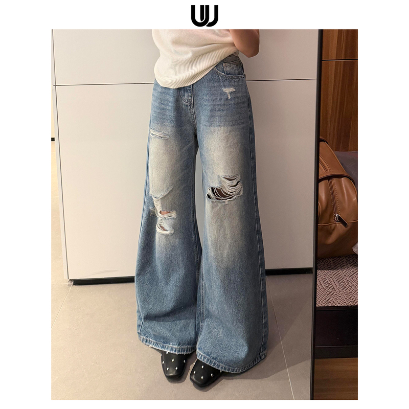 Vintage-Style Ripped Wide-Leg Jeans for Women, 2026 Hot-Selling American High-Waisted Loose-Fitting Slimming Straight-Leg Floor-Length Pants