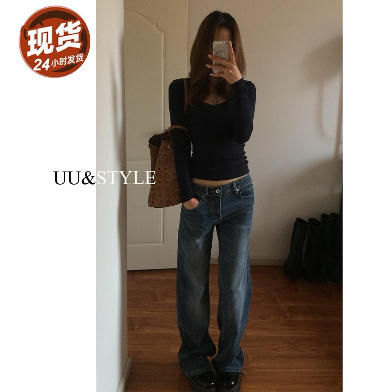 American Retro Narrow Wide-Leg Jeans for Women 2026 New Low-Waist Slimming Slightly Loose Slub Pattern Straight Pants