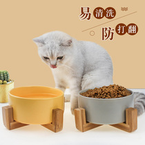 Light annual ring pet supplies ceramic cat bowl wooden stand dog food bowl cat feeding drinking water bowl to protect cervical spine