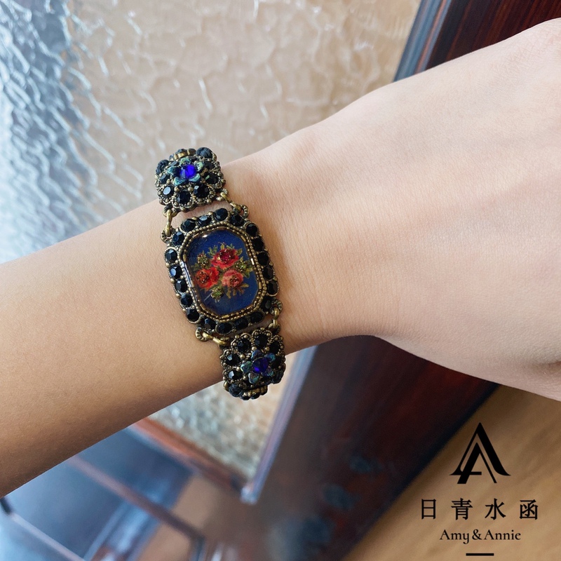 Michalnegrin Domestic In-Stock Black and Purple Crystal Enamel Bracelet with Leather Cord and Brass