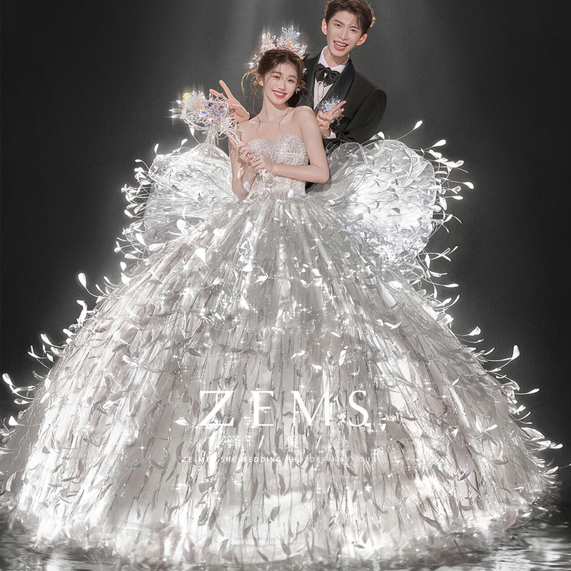 Photo Studio Themed Photography Clothing, Korean Style One-Shoulder Feather Wedding Dress, Long Dress, Princess Style, Runaway Princess Fairy Luxury Style