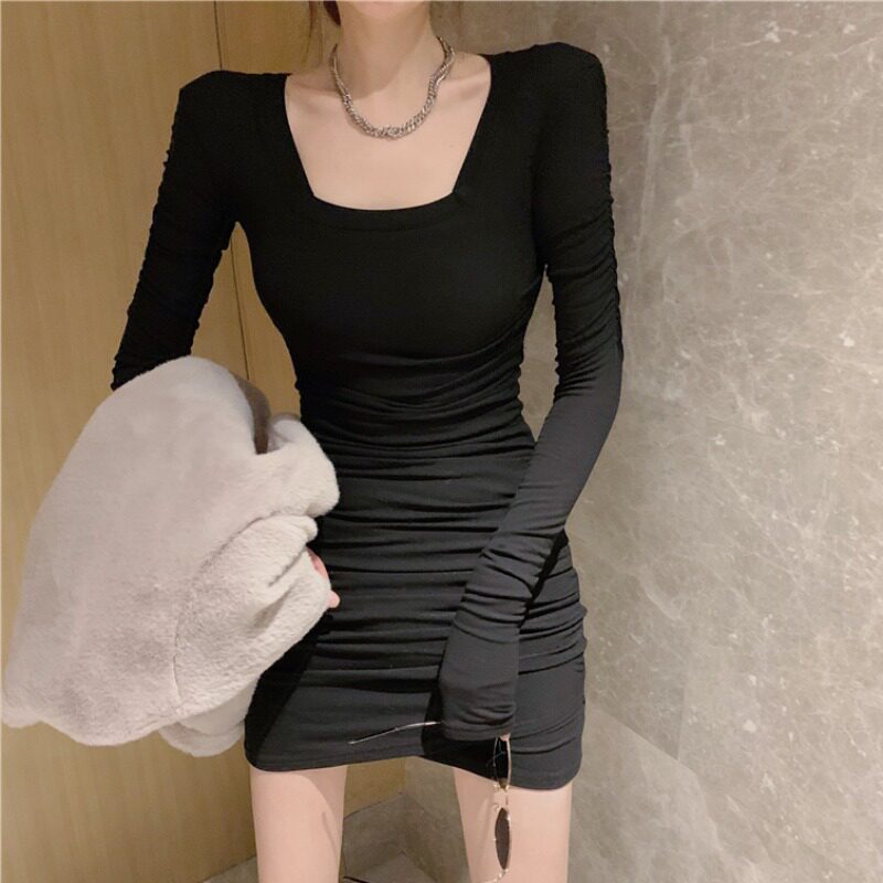 2023 Spring and Autumn Black - dress female feels small, low - collar sleeve with hips dress