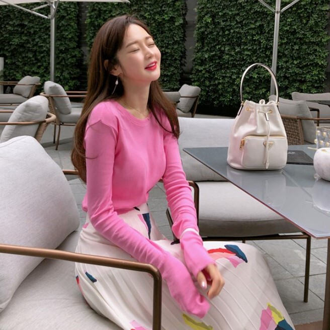 Korean Chic New Fashion Tops 2026 Spring and Autumn New Korean Style Slim Fit ins Base Pink Long-Sleeve T-Shirt