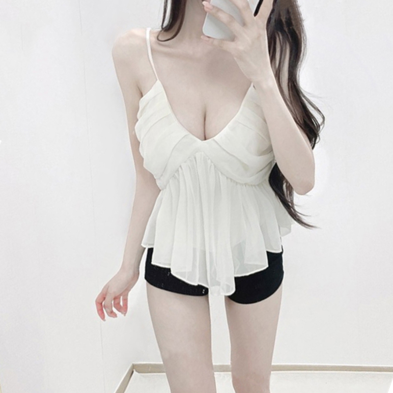 Korean Low-Cut Sexy Ruffled Pure and Sweet Camisole for Women, Summer Sleeveless Chiffon Top with Trendy Design