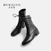  Wooden Carlo thick-heeled Martin boots womens autumn and winter leather lace-up British style knight boots handsome fashion high-heeled boots