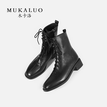  Wooden Carlo Martin boots womens thick-heeled autumn and winter new boots all-match ankle boots British medium-heeled leather lace-up booties