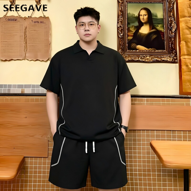 Plus Size Men's Summer Old Money Style Linen Lyocell Cool Breathable Polo Shirt Short Sleeve Lapel Casual Shorts