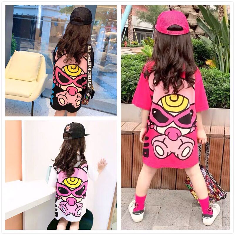 Parent-Child Style Summer Trendy Children's Clothing Black Super Pacifier Mid-Length T-Shirt Dress for Girls and Babies, Stylish Short-Sleeved