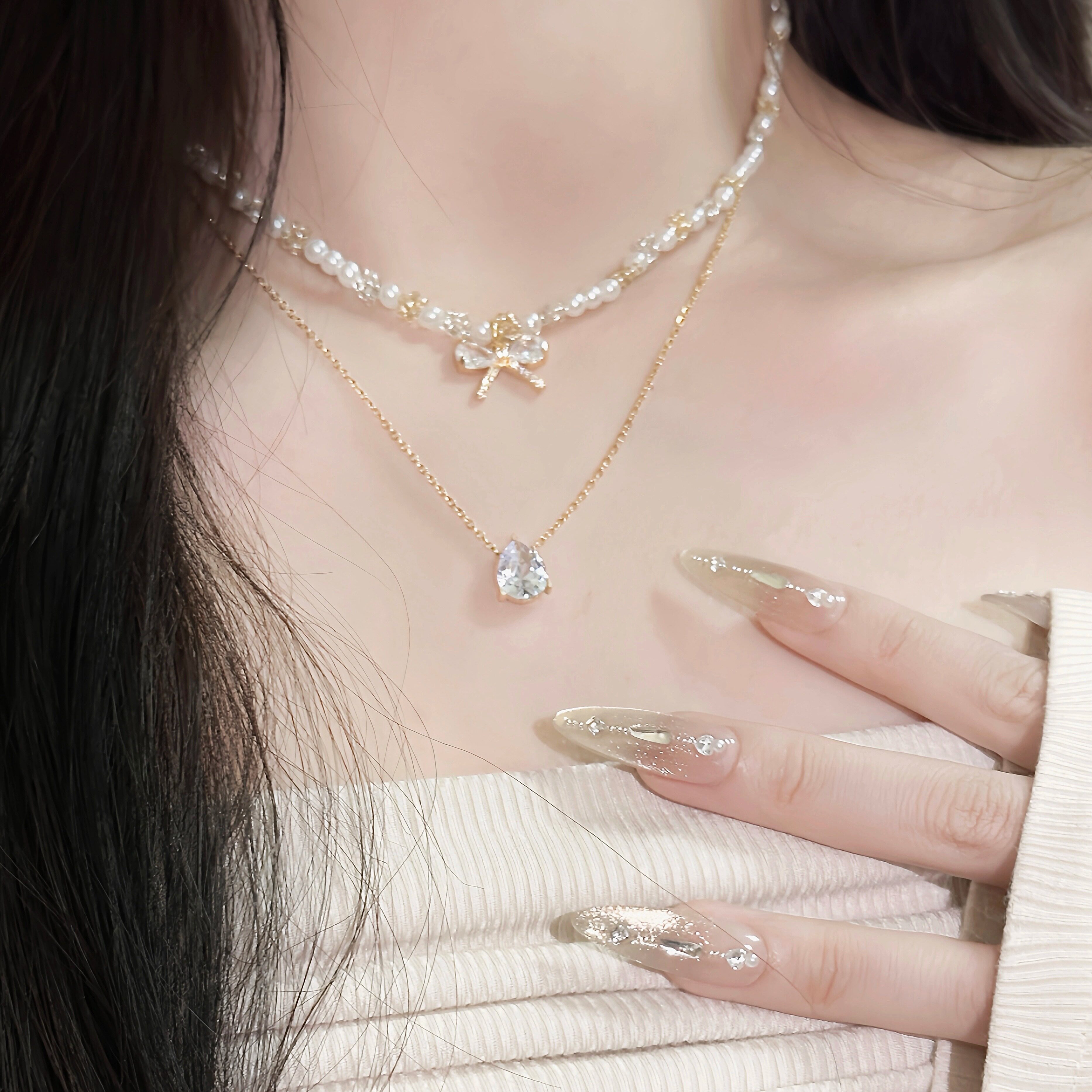 "Ballet Love Poem" Sweet Princess Style Bow Necklace, Beaded Zirconia Clavicle Chain, Perfect Gift for Best Friends