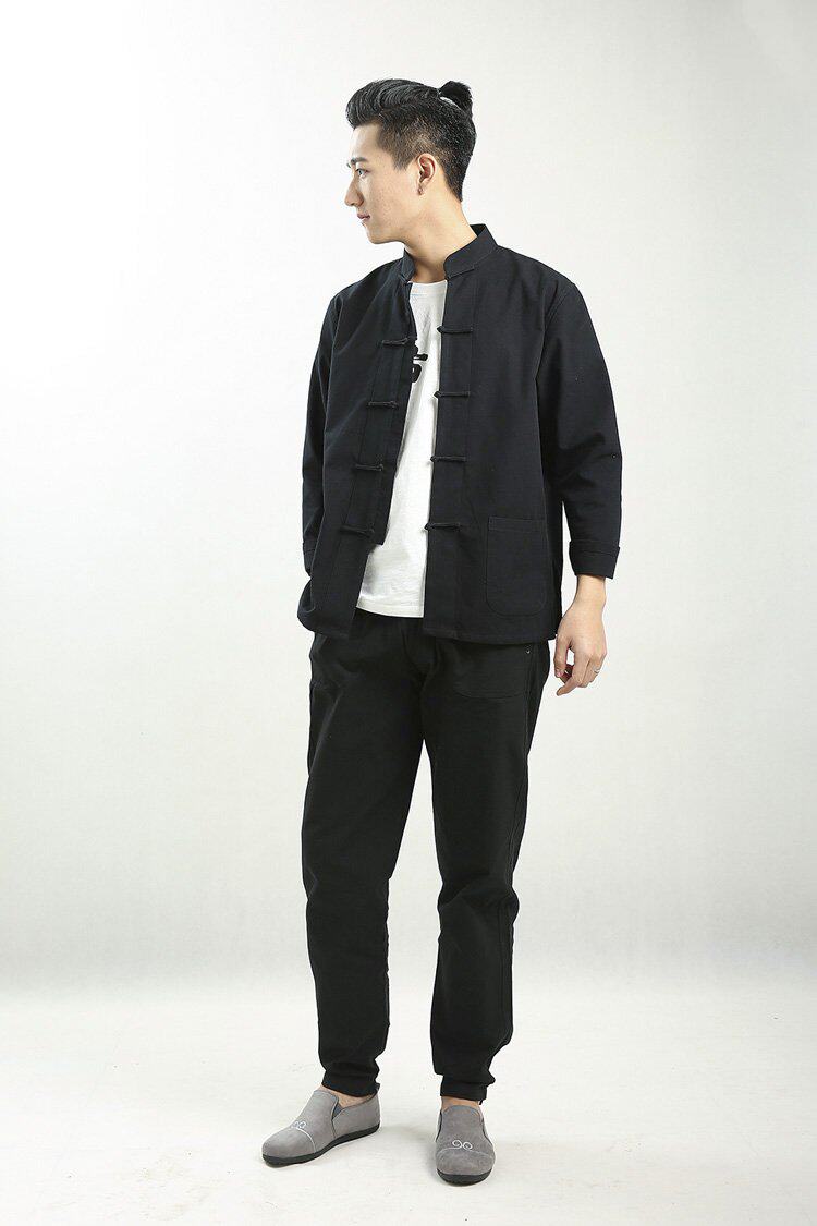 中式男太极武术中国民族风青年长褂衣服长袖汉服马褂唐装套装棉麻