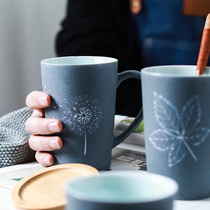 Custom mug with lid spoon Large capacity water cup Creative simple carved ceramic coffee cup Couple gift cup