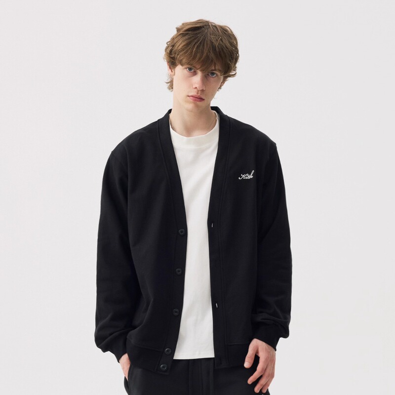 Kith Button V-Neck Cardigan for Men, Solid Color Casual Loose Base Embroidered Sweater for Women, Knitted Sweater Jacket for Couples