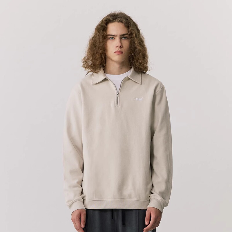 Kith Autumn Trendy Embroidered Pure Cotton Polo Shirt American Street Style Solid Color Pullover Zip-Up Turn-Down Collar Long-Sleeve Sweatshirt for Men