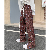 He Mo 2021 New High waist retro feel wide leg pants children Spring and Autumn pattern niche design split casual pants