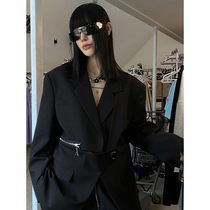 He Yimo Niche design sense black suit jacket female 2023 early spring new loose casual top ins
