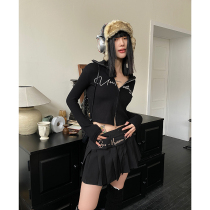 He Yimo American high street high collar letter T-shirt female 2023 early spring new hot girl slim double zipper top