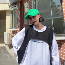 How to foam hip hop tide 2021 new fake two pieces of splicing sweater female spring and autumn thin loose lazy style top