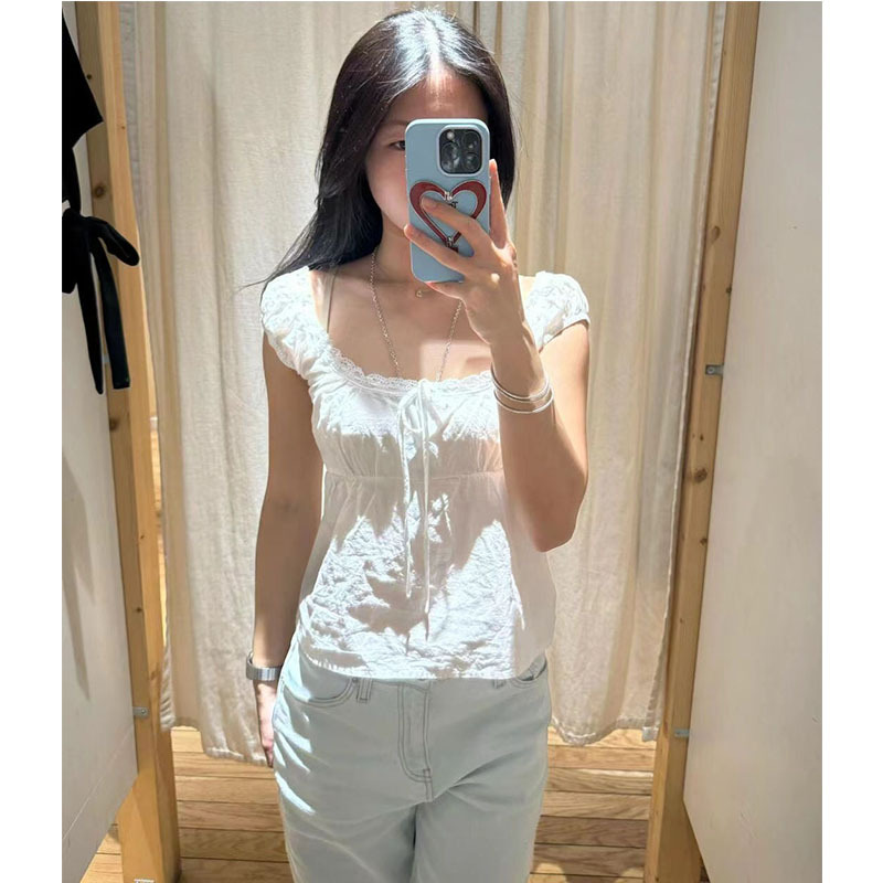 Brandy Bm New Lace Bow Pullover Shirt for Women, Sweet and Pure Style, Slimming and Versatile Top for Summer