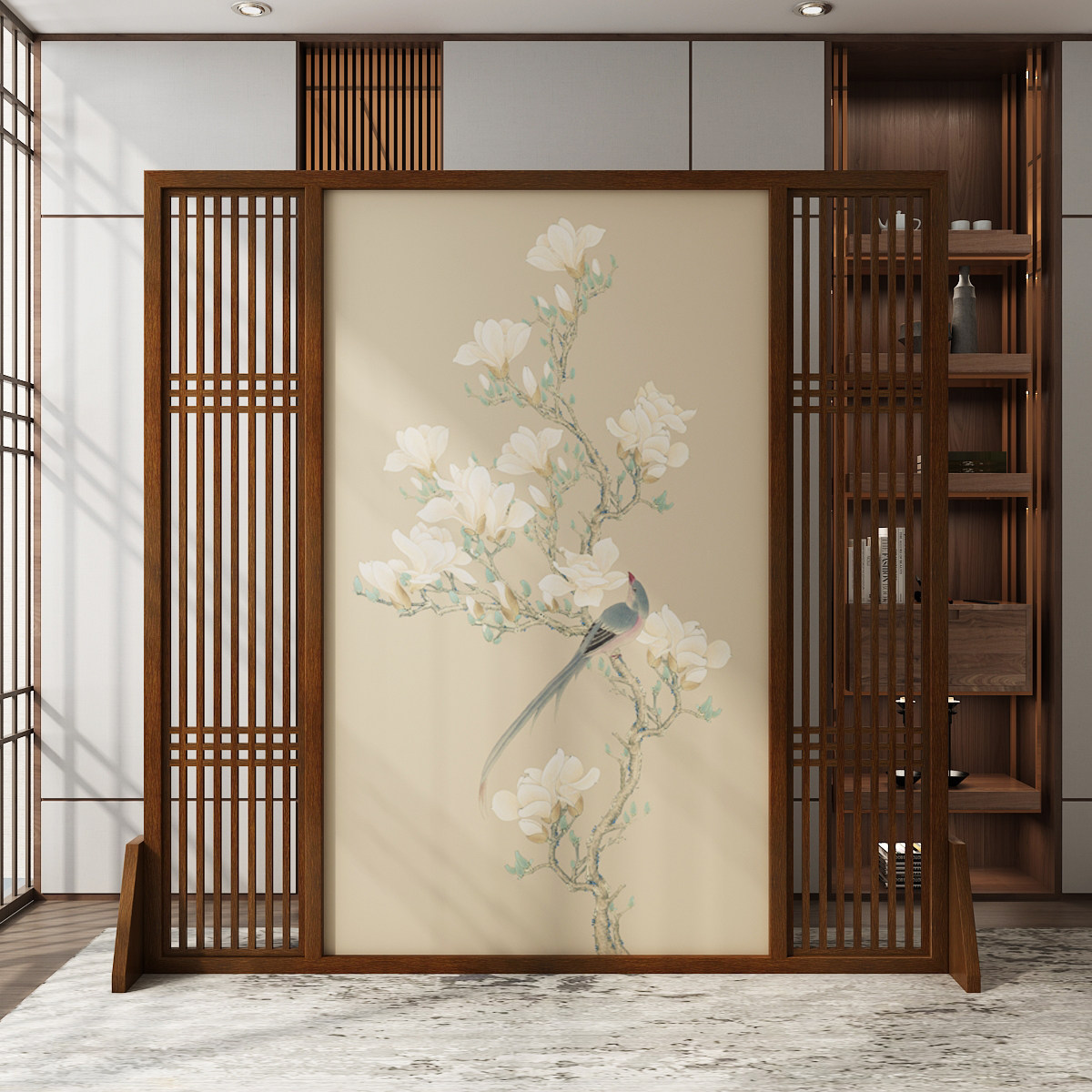 New Chinese style screen partition Living room decoration Bedroom occlusion Home office Hotel entrance Solid wood custom flowers and birds