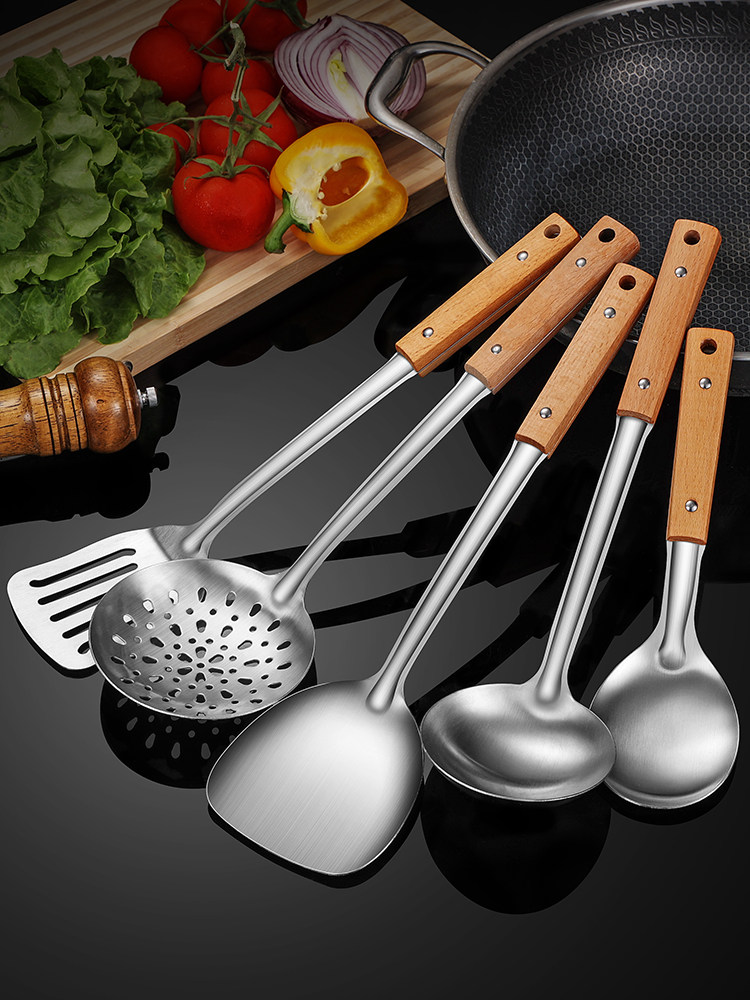 Spatula solid wood handle handle 304 stainless steel stir-fry shovel spoon colander household thickened anti-hot kitchenware set