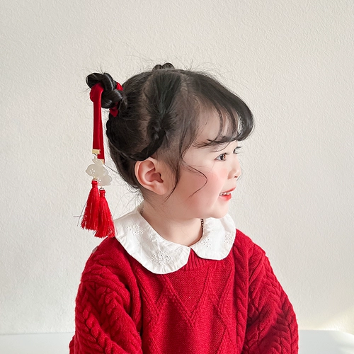Детский милый красный аксессуар для волос, праздничнные пряди волос для плетения волос, китайская лента, ханьфу, колокольчик, повязка на голову, китайский стиль
