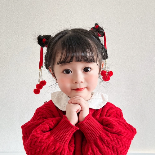 Детский милый красный аксессуар для волос, праздничнные пряди волос для плетения волос, китайская лента, ханьфу, колокольчик, повязка на голову, китайский стиль