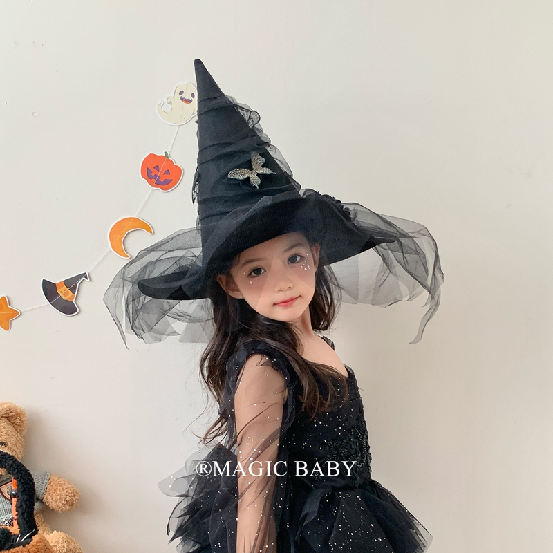 Halloween Black Mesh Butterfly Face-Covering Witch Hat for Girls Cos Wizard Magic Hat Holiday Dress-Up Accessories