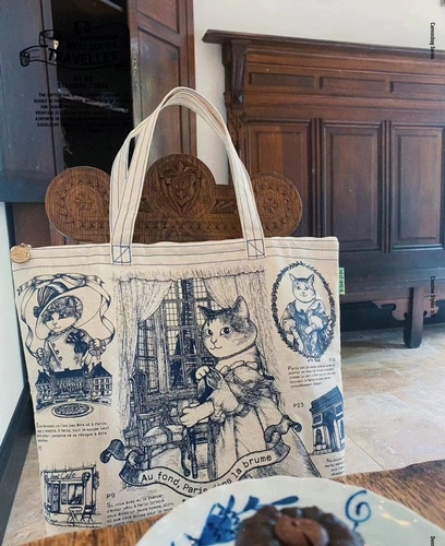 Парижская кошка ретро -сумка размер 40 *50 *10 дно с молнией внизу внизу