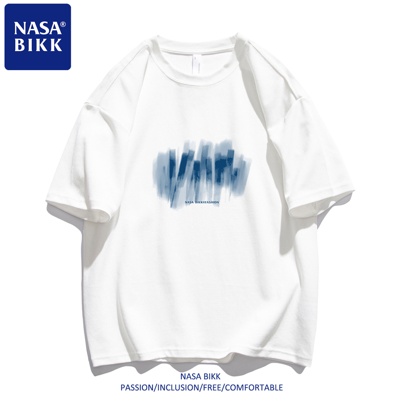 [Nasa] Heavyweight Pure Cotton Short-Sleeve T-Shirt for Men and Women, Summer Round Neck, Loose American-Style Print, Couple Half-Sleeve