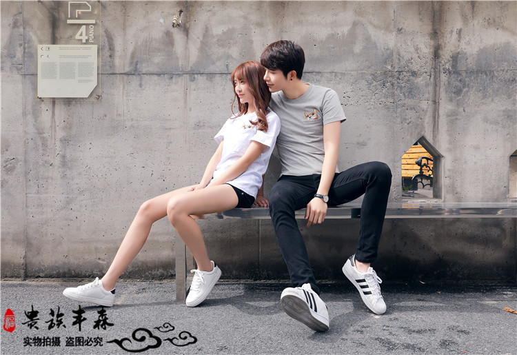 Hàn quốc phiên bản của T-Shirt nam giới và phụ nữ ngắn tay xu hướng lỏng nửa tay vài bộ vòng cổ áo bông thêu kitten t-shirt triều