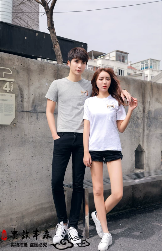 Hàn quốc phiên bản của T-Shirt nam giới và phụ nữ ngắn tay xu hướng lỏng nửa tay vài bộ vòng cổ áo bông thêu kitten t-shirt triều quần thể thao nam