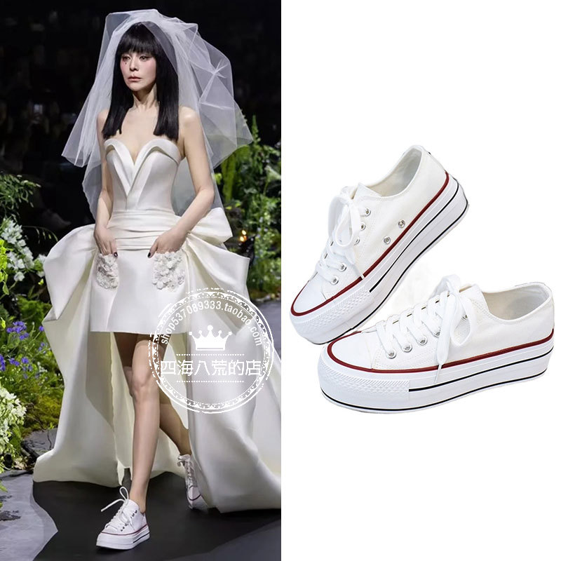 Shoes Similar to Those Worn by Aunt Wang Linxue: White Sneakers, Thick-Soled Height-Increasing Canvas Shoes, Runway Shoes, Wedding White Sneakers, Casual Sneakers