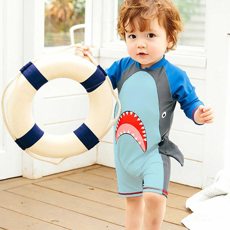 Children's swimsuit boys one-piece cartoon shark sunscreen quick-drying baby children's baby 1-3 years old long-sleeved swimwear