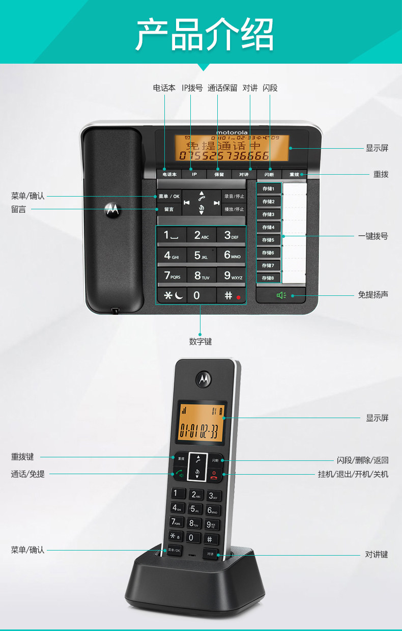 摩托罗拉C7501RC自动录音电话机家用 报号无绳子母机座机 答录机 摩托罗拉C7501RC自动录音电话机家用 报号无绳子母机座机 答录机