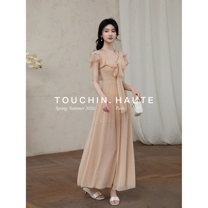 Touchin Haute Venus Goddess Luxurious Heavy Crafted Three-Dimensional Pleated Ruffle Dynamic Chiffon Dress for Women