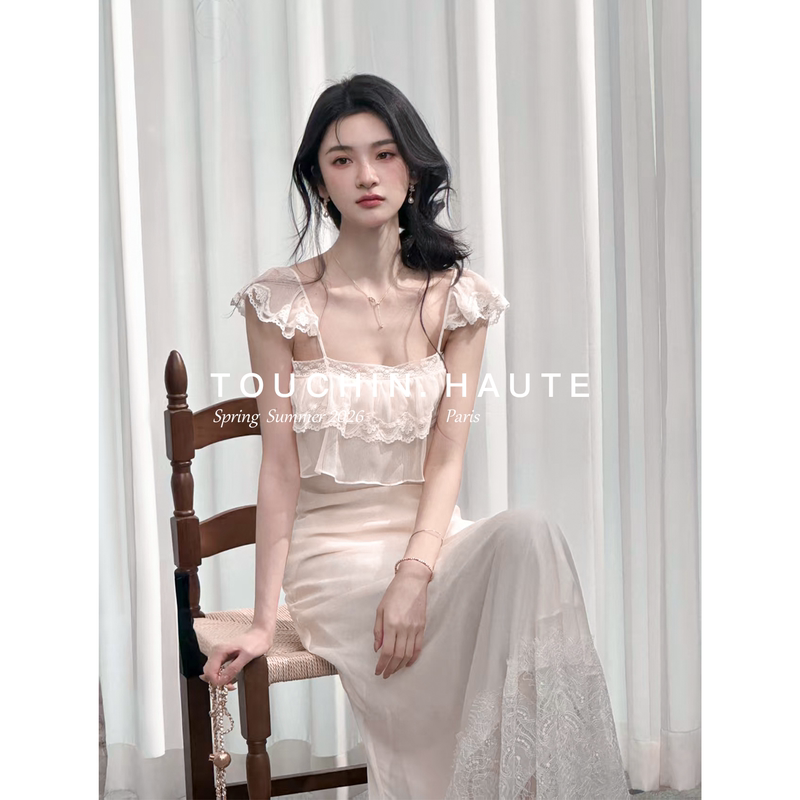 Touchin Haute Chiang Mai Early Summer Bias-Cut French Gentle Lace Ruffle Sleeveless Suspender Dress
