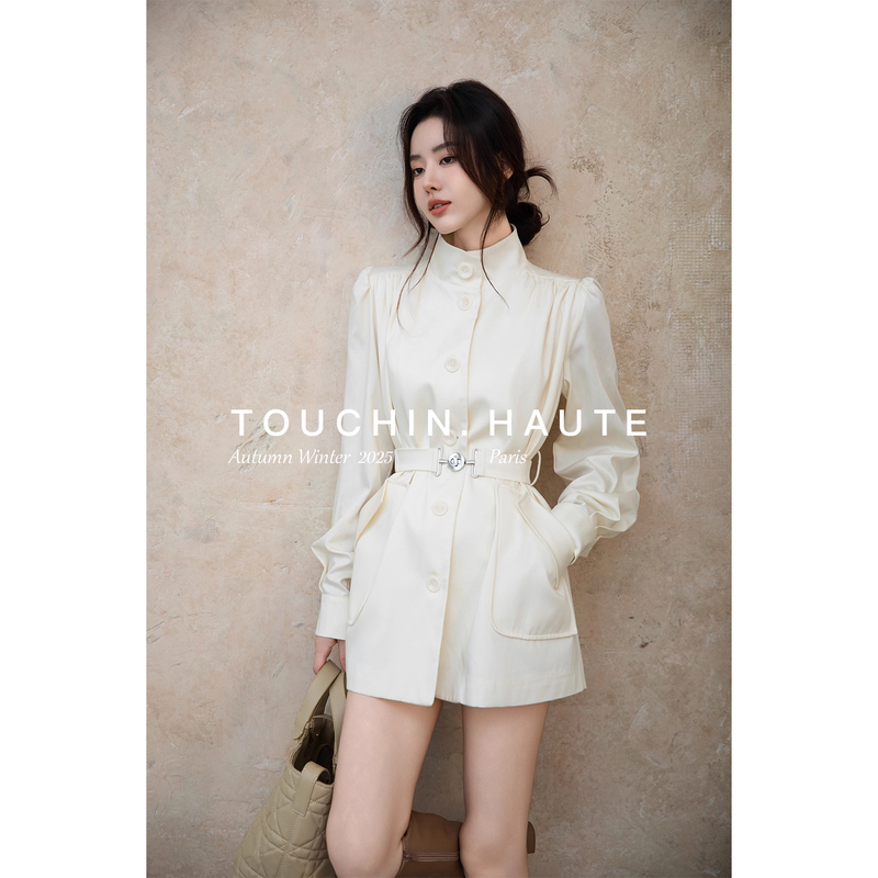 Touchin Haute Monologue Moment Thousand Gold Wind Stand Collar Puff Sleeve Tie Waist Short Trench Coat for Women Touchin Haute Monologue Moment Thousand Gold Wind Stand Collar Puff Sleeve Tie Waist Short Trench Coat for Women
