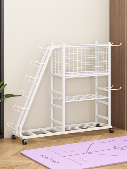 Yoga Mat Storage Basket, Household Kettlebell Dumbbell Rack, Basketball Rack, Badminton Sports Fitness Equipment Storage Rack with Wheels